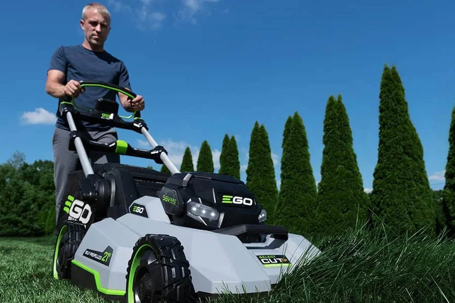 self-propelled electric lawn mower with battery and charger